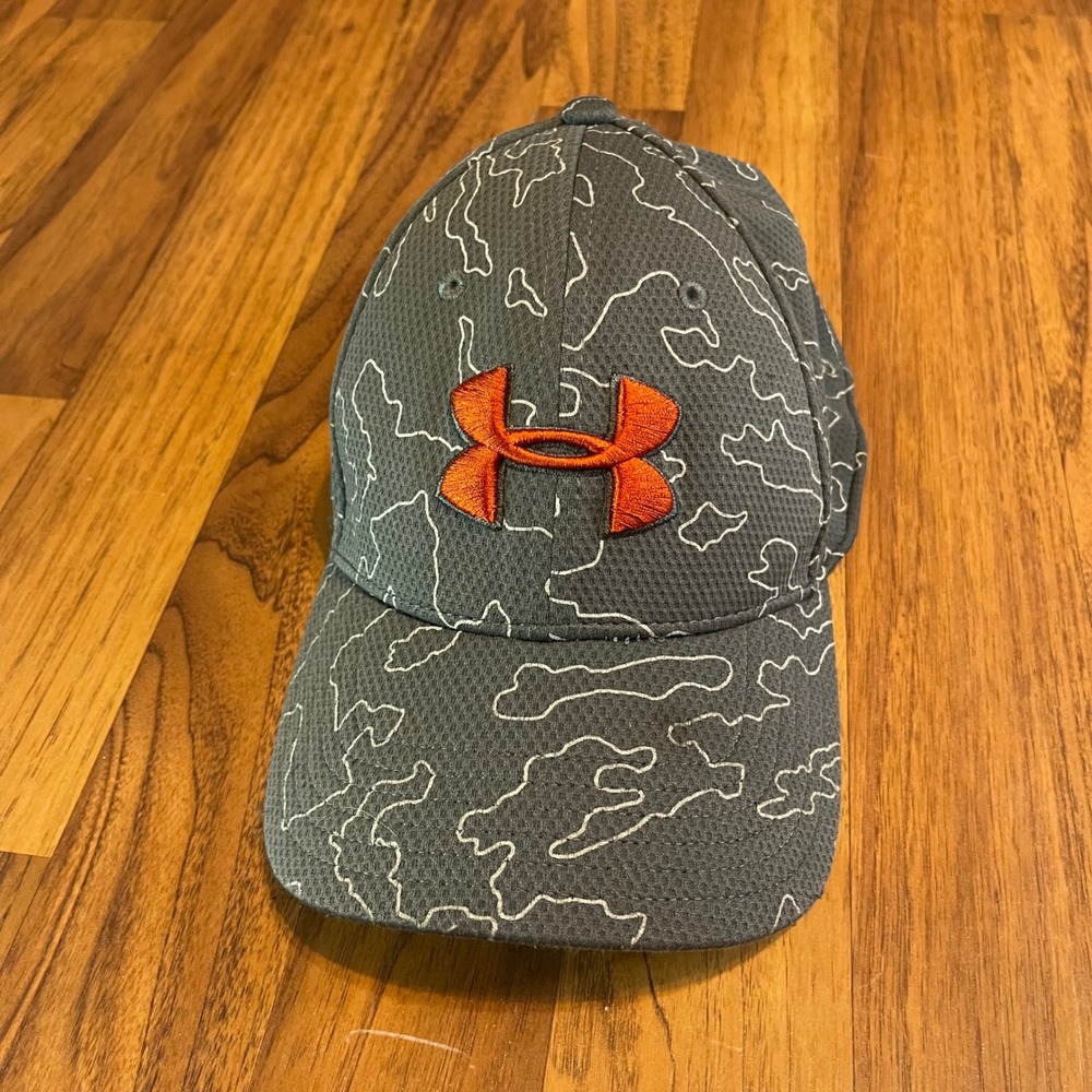 Under Armour Blitzing Hat Mens L/XL Grey Orange Camo Stretch Fit Performance Cap